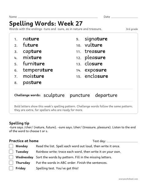 Preview of the printable “Spelling Packet: week 27 (Endings -ture and -sure)” worksheet: a full week of spelling practice: the endings -ture and -sure, as in nature and treasure
