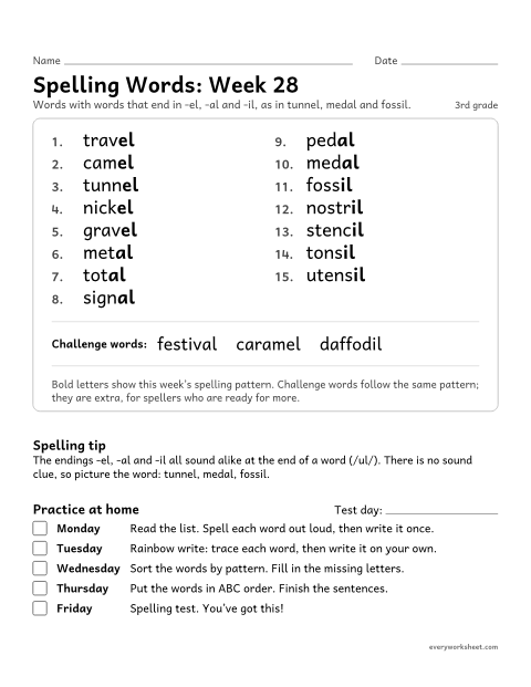 Preview of the printable “Spelling Packet: week 28 (Endings -el, -al and -il)” worksheet: a full week of spelling practice: words that end in -el, -al and -il, as in tunnel, medal and fossil