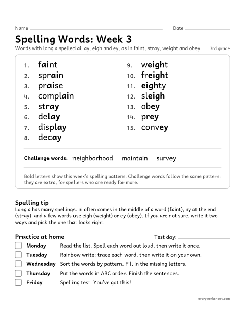 Preview of the printable “Spelling Packet: week 3 (Long a: ai, ay, eigh, ey)” worksheet: a full week of spelling practice: long a spelled ai, ay, eigh and ey, as in faint, stray, weight and obey