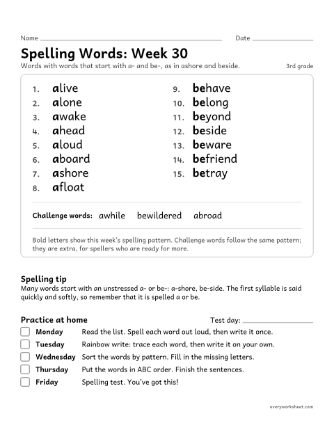 Preview of the printable “Spelling Packet: week 30 (a- and be- at the start)” worksheet: a full week of spelling practice: words that start with a- and be-, as in ashore and beside