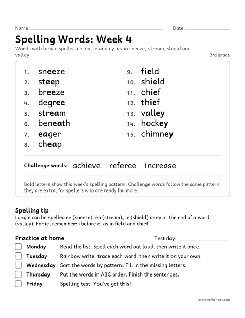 Preview of the printable “Spelling Packet: week 4 (Long e: ee, ea, ie, ey)” worksheet: a full week of spelling practice: long e spelled ee, ea, ie and ey, as in sneeze, stream, shield and valley