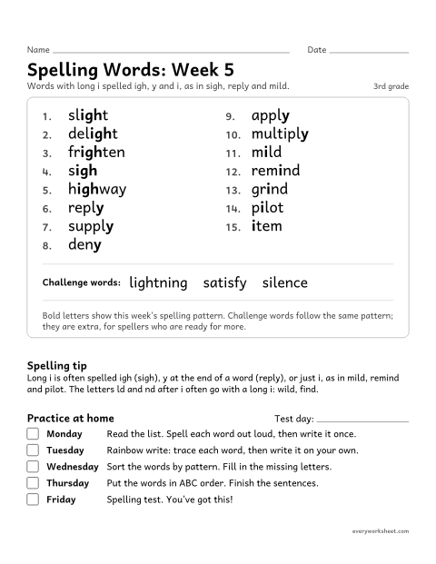 Preview of the printable “Spelling Packet: week 5 (Long i: igh, y, i)” worksheet: a full week of spelling practice: long i spelled igh, y and i, as in sigh, reply and mild