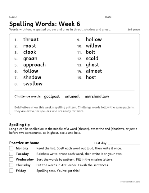 Preview of the printable “Spelling Packet: week 6 (Long o: oa, ow, o)” worksheet: a full week of spelling practice: long o spelled oa, ow and o, as in throat, shadow and ghost