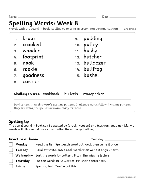 Preview of the printable “Spelling Packet: week 8 (oo and u as in book and push)” worksheet: a full week of spelling practice: the sound in book, spelled oo or u, as in brook, wooden and cushion