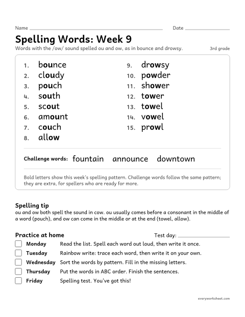 Preview of the printable “Spelling Packet: week 9 (ou and ow)” worksheet: a full week of spelling practice: the /ow/ sound spelled ou and ow, as in bounce and drowsy