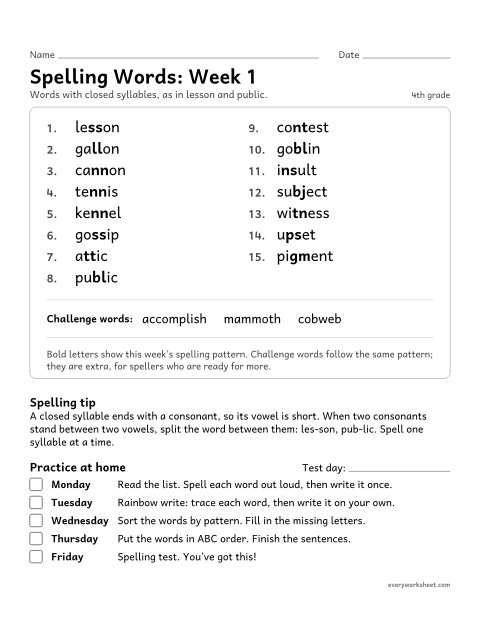 Preview of the printable “Spelling Packet: week 1 (Closed syllables)” worksheet: a full week of spelling practice: closed syllables, as in lesson and public