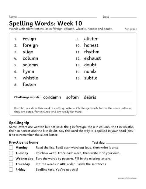 Preview of the printable “Spelling Packet: week 10 (Silent letters: gn, mn, st, h and b)” worksheet: a full week of spelling practice: silent letters, as in foreign, column, whistle, honest and doubt
