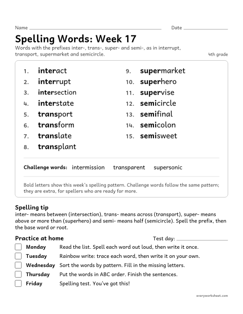 Preview of the printable “Spelling Packet: week 17 (Prefixes inter-, trans-, super- and semi-)” worksheet: a full week of spelling practice: the prefixes inter-, trans-, super- and semi-, as in interrupt, transport, supermarket and semicircle