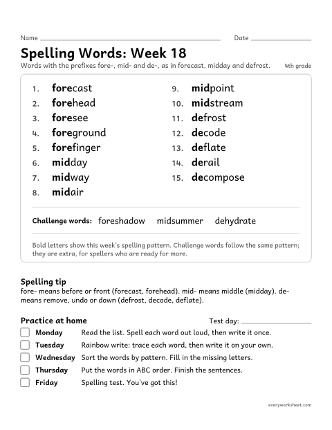 Preview of the printable “Spelling Packet: week 18 (Prefixes fore-, mid- and de-)” worksheet: a full week of spelling practice: the prefixes fore-, mid- and de-, as in forecast, midday and defrost