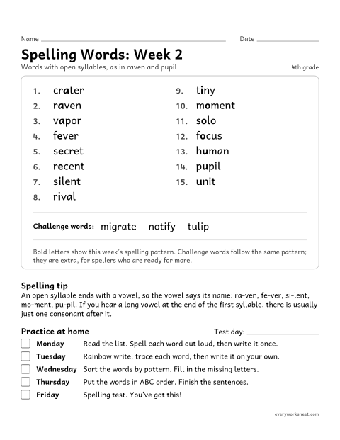 Preview of the printable “Spelling Packet: week 2 (Open syllables)” worksheet: a full week of spelling practice: open syllables, as in raven and pupil