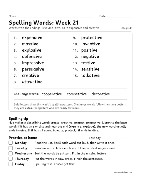 Preview of the printable “Spelling Packet: week 21 (Endings -sive and -tive)” worksheet: a full week of spelling practice: the endings -sive and -tive, as in expensive and creative