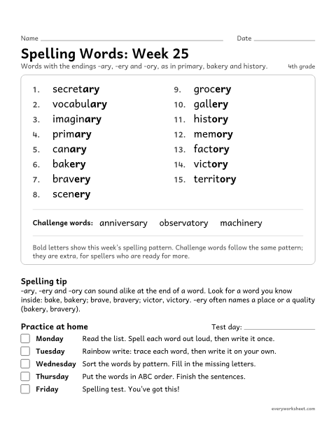 Preview of the printable “Spelling Packet: week 25 (Endings -ary, -ery and -ory)” worksheet: a full week of spelling practice: the endings -ary, -ery and -ory, as in primary, bakery and history