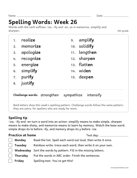 Preview of the printable “Spelling Packet: week 26 (Suffixes -ize, -ify and -en)” worksheet: a full week of spelling practice: the verb suffixes -ize, -ify and -en, as in memorize, simplify and sharpen