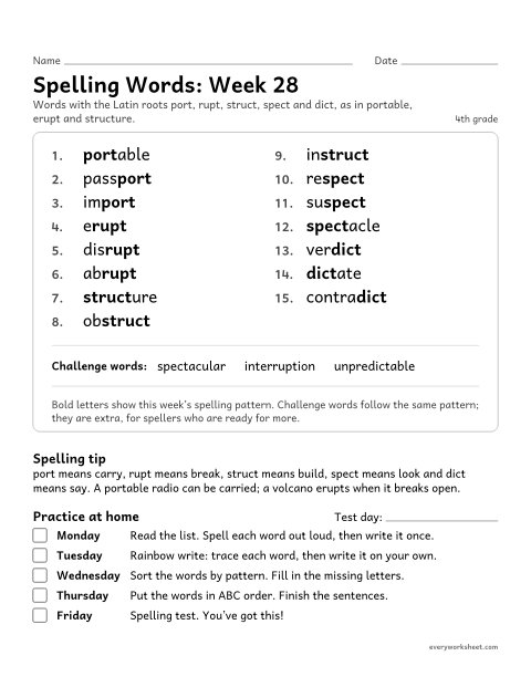 Preview of the printable “Spelling Packet: week 28 (Latin roots: port, rupt, struct, spect, dict)” worksheet: a full week of spelling practice: the Latin roots port, rupt, struct, spect and dict, as in portable, erupt and structure