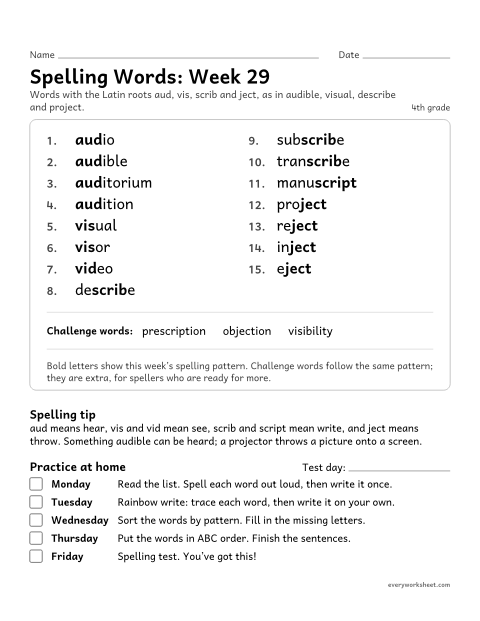 Preview of the printable “Spelling Packet: week 29 (Latin roots: aud, vis, scrib, ject)” worksheet: a full week of spelling practice: the Latin roots aud, vis, scrib and ject, as in audible, visual, describe and project