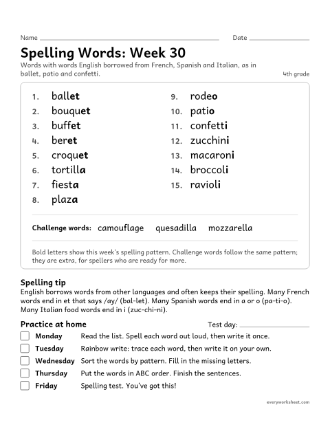 Preview of the printable “Spelling Packet: week 30 (Words from French, spanish and Italian)” worksheet: a full week of spelling practice: words English borrowed from French, Spanish and Italian, as in ballet, patio and confetti