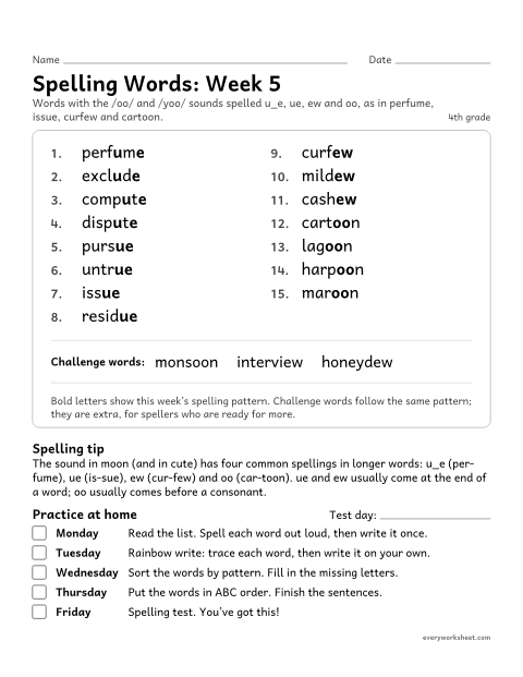 Preview of the printable “Spelling Packet: week 5 (u_e, ue, ew and oo)” worksheet: a full week of spelling practice: the /oo/ and /yoo/ sounds spelled u_e, ue, ew and oo, as in perfume, issue, curfew and cartoon