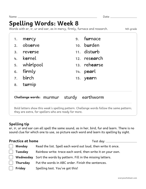 Preview of the printable “Spelling Packet: week 8 (er, ir, ur and ear)” worksheet: a full week of spelling practice: er, ir, ur and ear, as in mercy, firmly, furnace and research