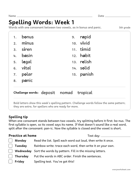 Preview of the printable “Spelling Packet: week 1 (VCV syllables)” worksheet: a full week of spelling practice: one consonant between two vowels, as in bonus and panic