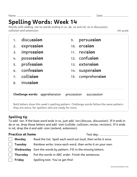 Preview of the printable “Spelling Packet: week 14 (Suffixes -sion and -ssion)” worksheet: a full week of spelling practice: adding -ion to words ending in ss, de, se and nd, as in discussion, collision and extension