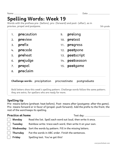 Preview of the printable “Spelling Packet: week 19 (Prefixes pre-, pro- and post-)” worksheet: a full week of spelling practice: the prefixes pre- (before), pro- (forward) and post- (after), as in preview, propel and postpone