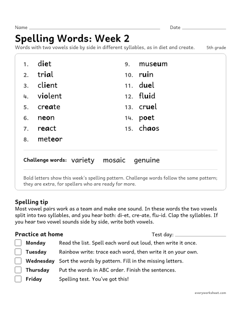 Preview of the printable “Spelling Packet: week 2 (Vowels that split)” worksheet: a full week of spelling practice: two vowels side by side in different syllables, as in diet and create