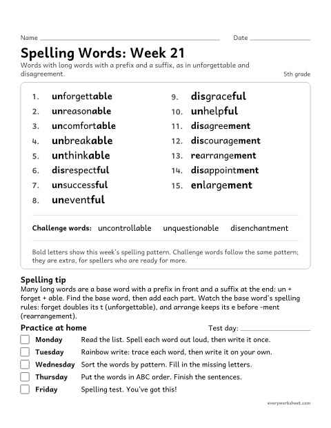 Preview of the printable “Spelling Packet: week 21 (Prefix and suffix together)” worksheet: a full week of spelling practice: long words with a prefix and a suffix, as in unforgettable and disagreement