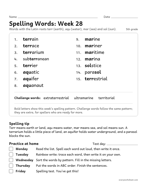 Preview of the printable “Spelling Packet: week 28 (Latin roots: terr, aqu, mar and sol)” worksheet: a full week of spelling practice: the Latin roots terr (earth), aqu (water), mar (sea) and sol (sun)