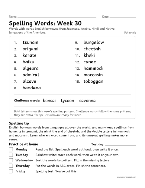 Preview of the printable “Spelling Packet: week 30 (Words from other languages)” worksheet: a full week of spelling practice: words English borrowed from Japanese, Arabic, Hindi and Native languages of the Americas