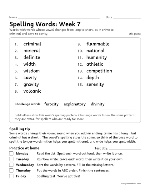 Preview of the printable “Spelling Packet: week 7 (Related words: long to short vowels)” worksheet: a full week of spelling practice: words whose vowel changes from long to short, as in crime to criminal and cave to cavity
