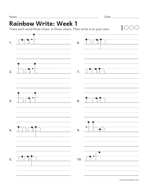 Preview of the printable “Rainbow Write: week 1 (Short a)” worksheet: tracing and writing spelling words with short a, as in cat