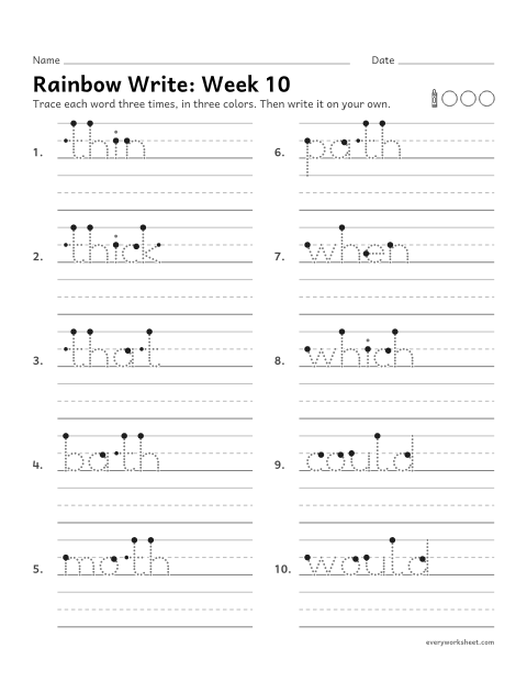 Preview of the printable “Rainbow Write: week 10 (Words with th and wh)” worksheet: tracing and writing spelling words with th and wh, as in bath and when