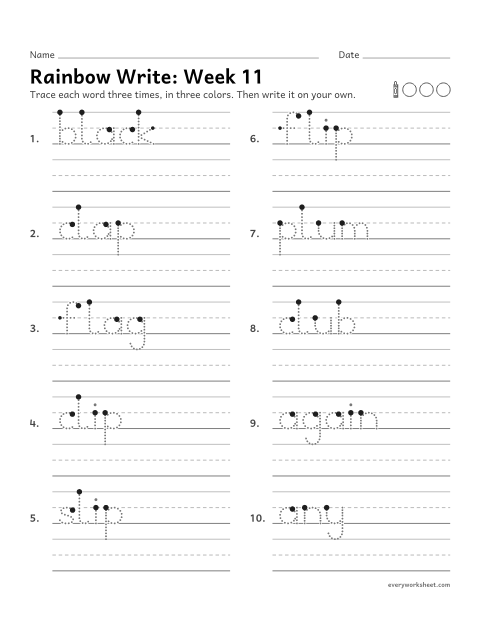 Preview of the printable “Rainbow Write: week 11 (l-blends)” worksheet: tracing and writing spelling words with bl, cl, fl, pl, sl, as in flag