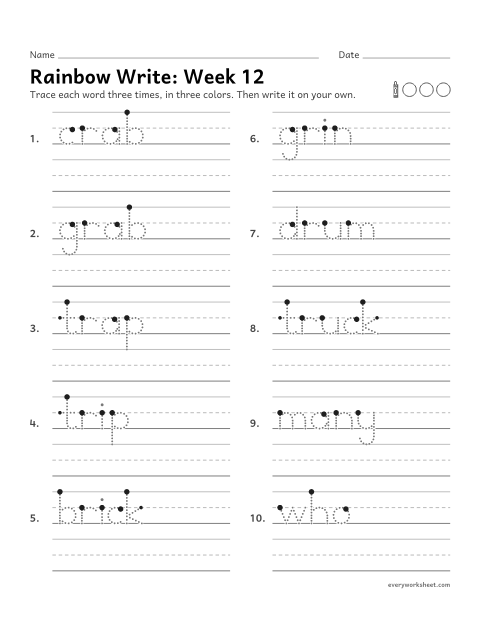 Preview of the printable “Rainbow Write: week 12 (r-blends)” worksheet: tracing and writing spelling words with cr, dr, gr, tr, br, as in crab