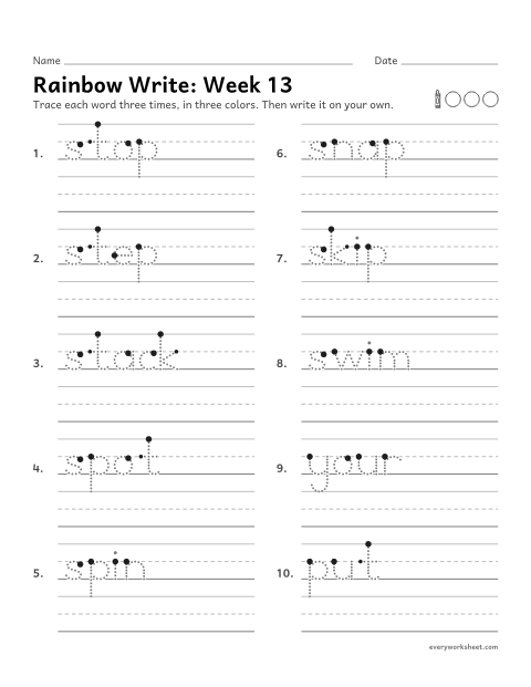 Preview of the printable “Rainbow Write: week 13 (s-blends)” worksheet: tracing and writing spelling words with st, sp, sn, sk, sw, as in stop