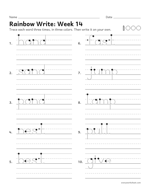 Preview of the printable “Rainbow Write: week 14 (Ending blends)” worksheet: tracing and writing spelling words with nd, st, mp at the end, as in hand
