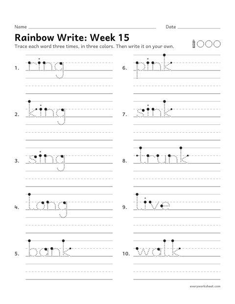 Preview of the printable “Rainbow Write: week 15 (Words with ng and nk)” worksheet: tracing and writing spelling words with ng and nk, as in ring and bank