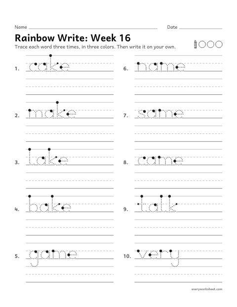 Preview of the printable “Rainbow Write: week 16 (Silent e: a_e)” worksheet: tracing and writing spelling words with a with a silent e, as in cake