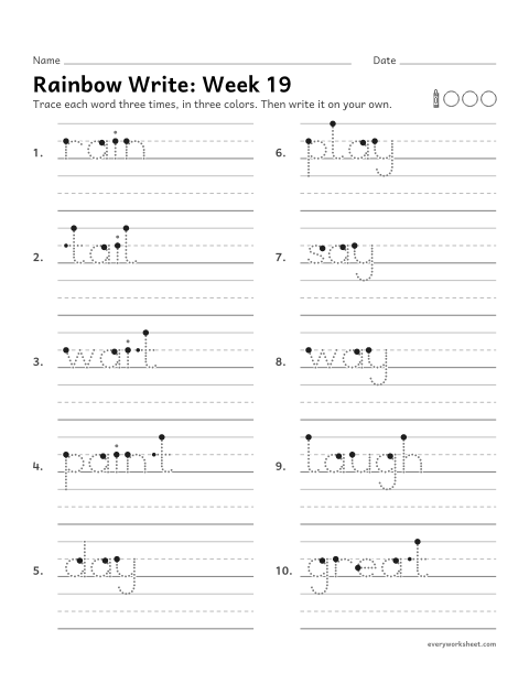 Preview of the printable “Rainbow Write: week 19 (Long a: ai and ay)” worksheet: tracing and writing spelling words with ai and ay, as in rain and day