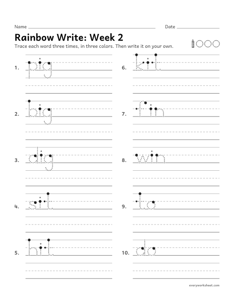 Preview of the printable “Rainbow Write: week 2 (Short i)” worksheet: tracing and writing spelling words with short i, as in pig