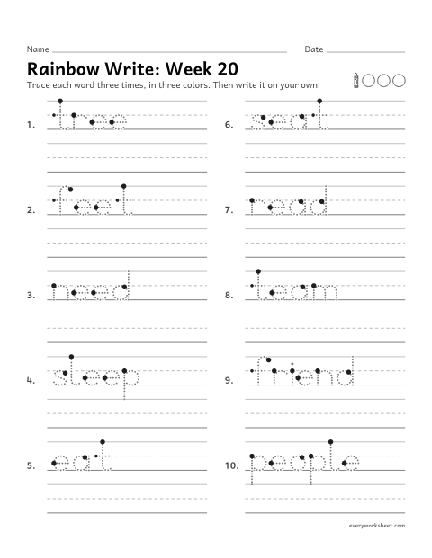 Preview of the printable “Rainbow Write: week 20 (Long e: ee and ea)” worksheet: tracing and writing spelling words with ee and ea, as in tree and eat