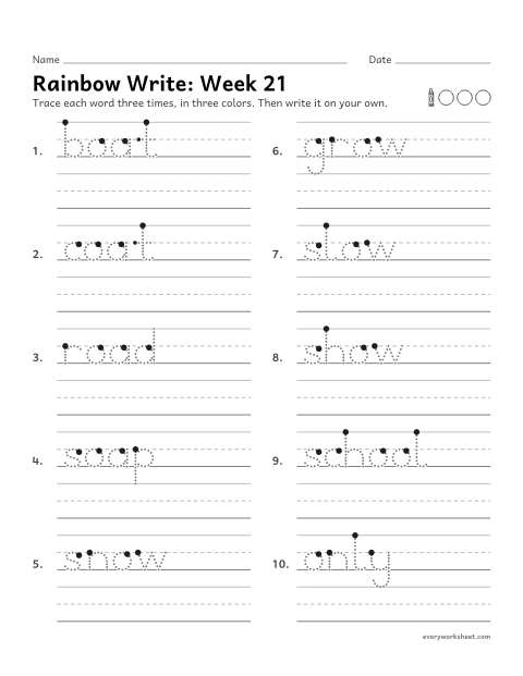 Preview of the printable “Rainbow Write: week 21 (Long o: oa and ow)” worksheet: tracing and writing spelling words with oa and ow, as in boat and snow