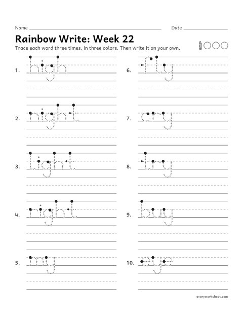 Preview of the printable “Rainbow Write: week 22 (Long i: igh and y)” worksheet: tracing and writing spelling words with igh and y, as in night and fly
