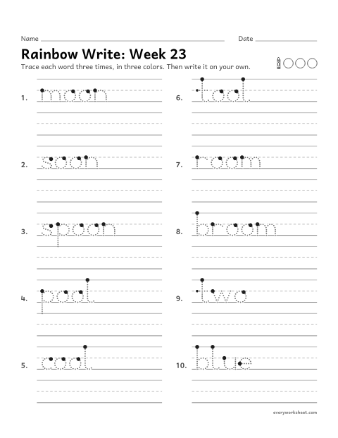 Preview of the printable “Rainbow Write: week 23 (oo as in moon)” worksheet: tracing and writing spelling words with oo, as in moon
