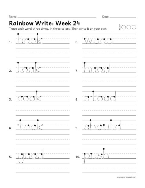 Preview of the printable “Rainbow Write: week 24 (oo as in book)” worksheet: tracing and writing spelling words with oo, as in book
