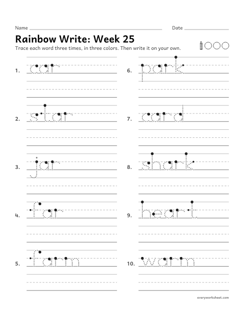 Preview of the printable “Rainbow Write: week 25 (ar words)” worksheet: tracing and writing spelling words with ar, as in car