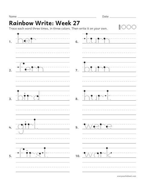Preview of the printable “Rainbow Write: week 27 (er, ir and ur)” worksheet: tracing and writing spelling words with er, ir and ur, as in her, bird and turn
