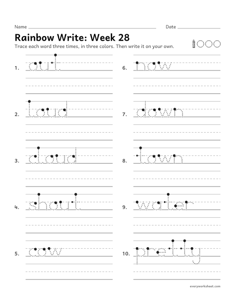 Preview of the printable “Rainbow Write: week 28 (ou and ow)” worksheet: tracing and writing spelling words with ou and ow, as in out and cow