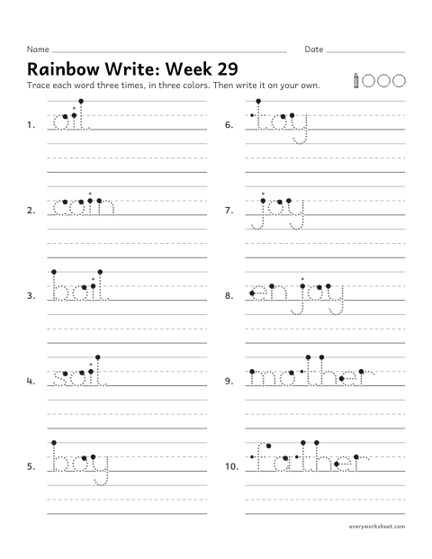 Preview of the printable “Rainbow Write: week 29 (oi and oy)” worksheet: tracing and writing spelling words with oi and oy, as in coin and boy