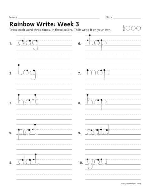 Preview of the printable “Rainbow Write: week 3 (Short o)” worksheet: tracing and writing spelling words with short o, as in dog